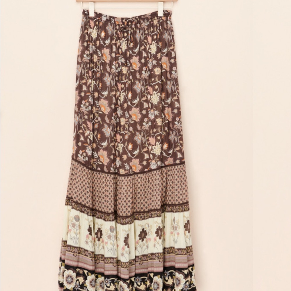 Spell Brown Floral Tiered Maxi Skirt